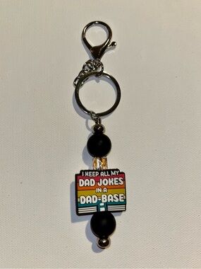 ‘I Keep All My Jokes in a Dad-Base’ Black with Retro Stripes Keychain